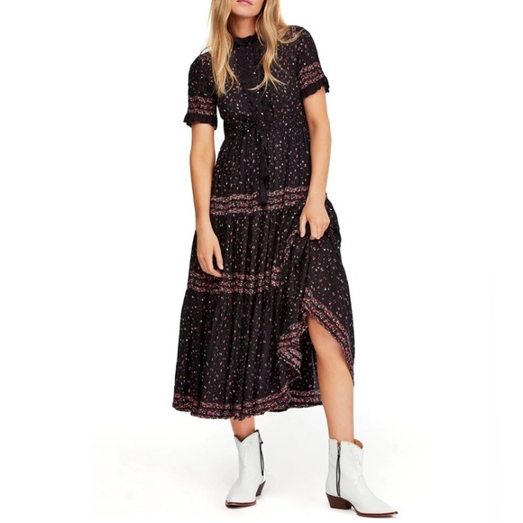 Free People Dresses & Skirts - Free People Rare Feelings Black Floral Print Tiered Pleated Maxi Dress Womens M